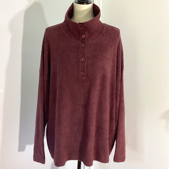 NWOT BAREFOOT DREAMS COZYCHIC LITE PLUS 2X BURGUNDY PULLOVER 3/4 BUTTON COLLAR - Picture 1 of 11